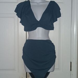 Summer Mae 2 pc Ruffle Ribbed Maternity Swimsuit Pine Green Sz 10 NWT